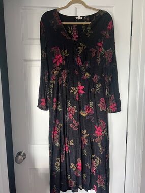Fat Face Black Long Sleeve Floral Midi Dress with Pink & Green flower details.